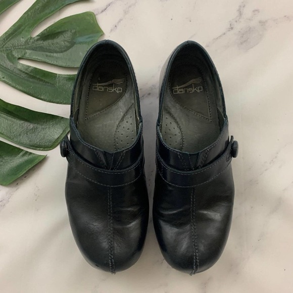 Dansko Womens Clogs Size 37 Black Leather Comfort Button Trim Chunky - Picture 2 of 9